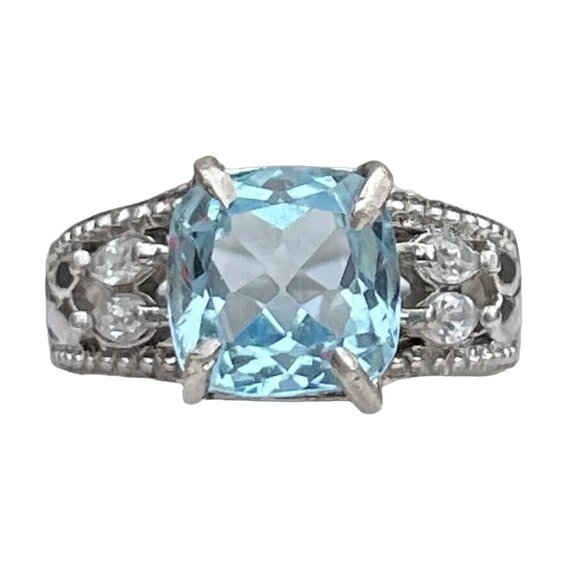 Signed BJ Estate Sterling Silver Ring Blue Topaz Band CZ Filigree Size 6.5 - Picture 1 of 7